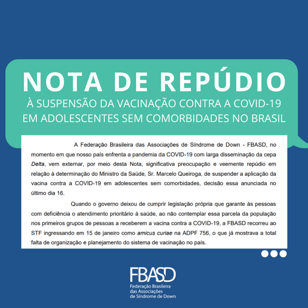 Nota de Repúdio à suspensão da vacinação contra COVID-19 em adolescentes sem comorbidades no Brasil